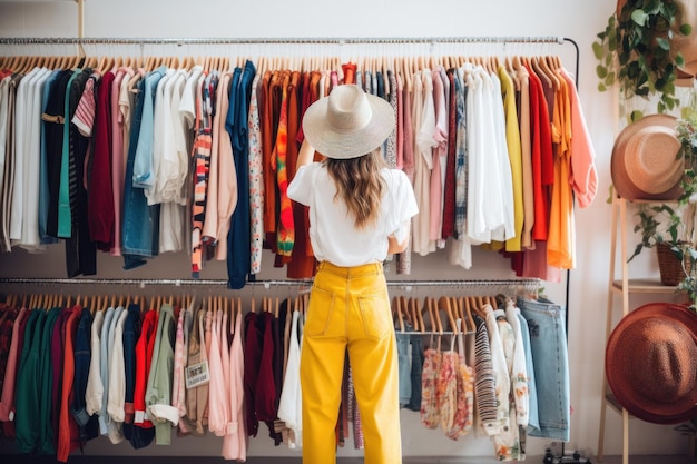 Um comprador navegando pelas prateleiras de roupas coloridas em uma boutique