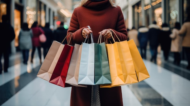 Um comprador segurando várias sacolas de compras cheias de compras da Black Friday