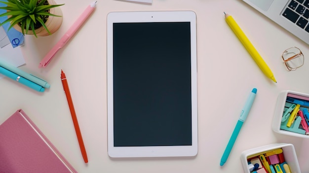 um comprimido branco com uma caneta cor- de- rosa e um tablet branco