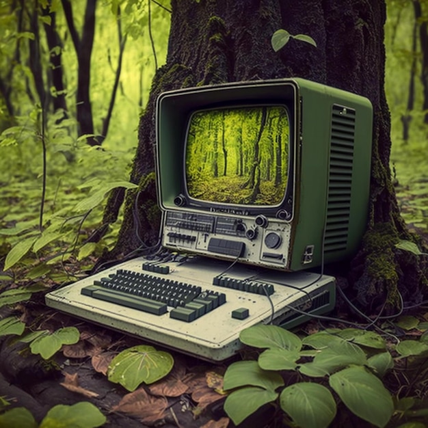 Um computador antigo está parado na floresta com a tela mostrando uma cena da floresta.