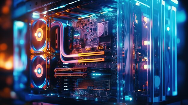 Foto um computador com luzes neon dentro dele