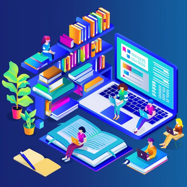 um computador com um monte de livros na parte de baixo e um fundo azul