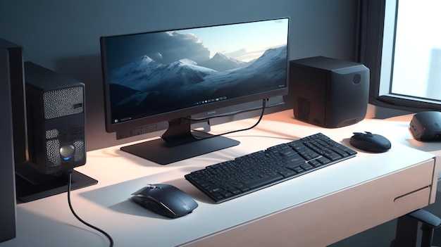 Um computador de mesa e um teclado e um rato no escritório moderno criativo