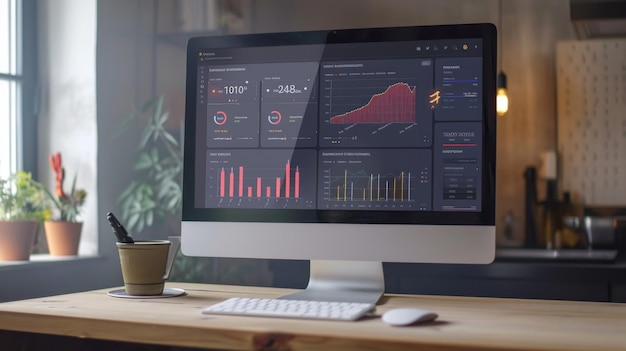 Um computador de mesa exibindo um painel detalhado de gráficos de negócios com recursos personalizáveis para rastrear indicadores-chave de desempenho