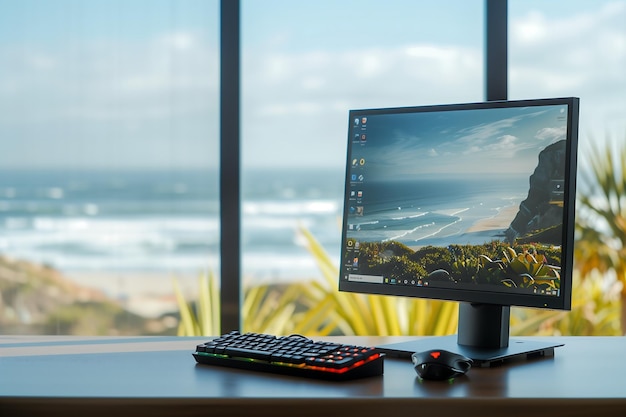 um computador de mesa moderno com um teclado sem fio perto de uma janela com fundo de vista para a praia