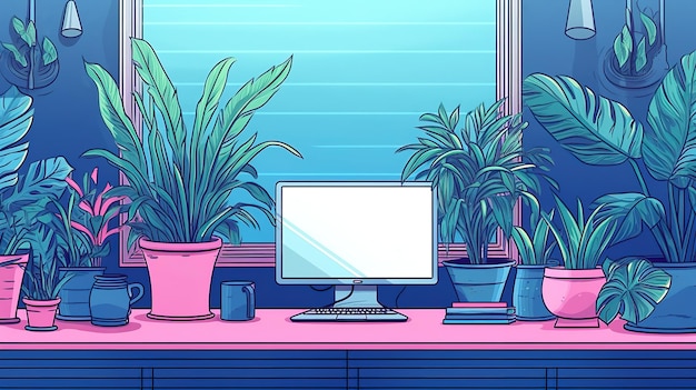 um computador desktop colocado em cima de uma mesa ao lado de algumas plantas contidas em vasos