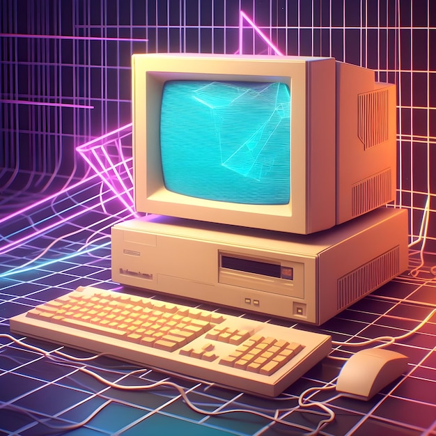 Foto um computador dos anos 90 no estilo do vaporwave