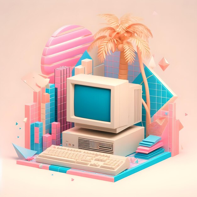 Foto um computador dos anos 90 no estilo do vaporwave