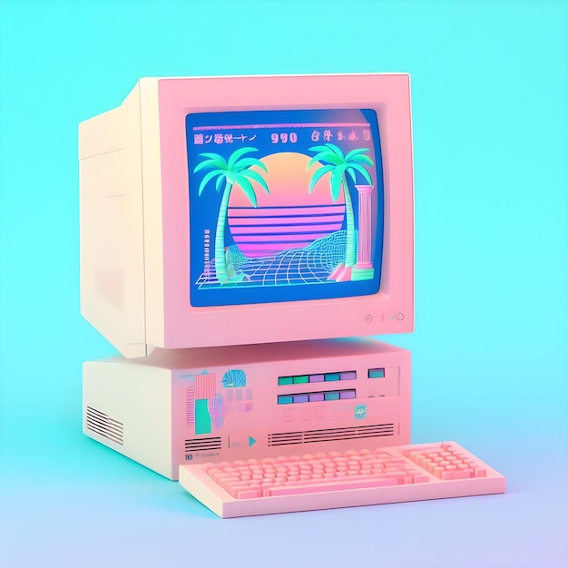 Foto um computador dos anos 90 no estilo do vaporwave