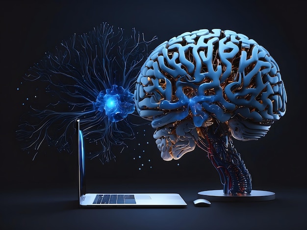 Foto um computador e um cérebro em fundos escuros com uma luz azul