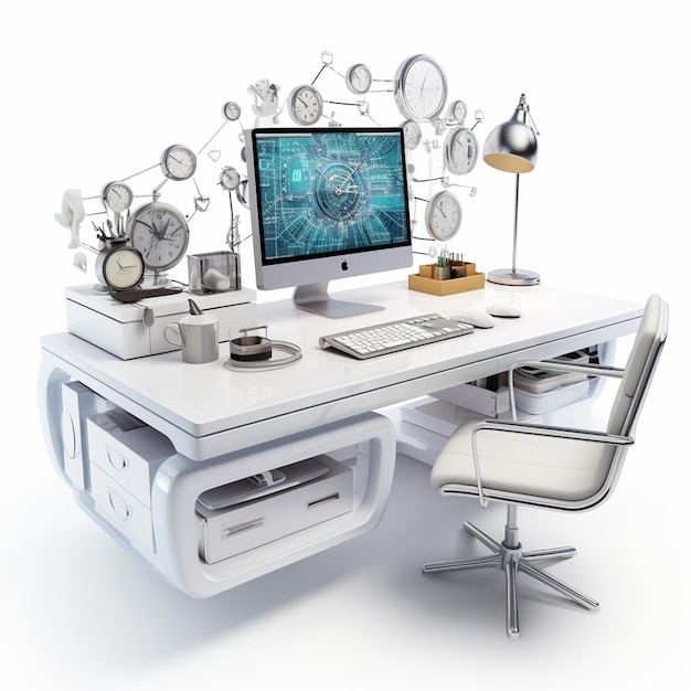 Um computador em uma mesa com fundo branco