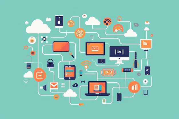 Foto um computador está no centro de uma mesa desordenada cercado por uma variedade de diferentes dispositivos e gadgets arte mostrando dados fluindo de vários gadgets para a nuvem ai gerado