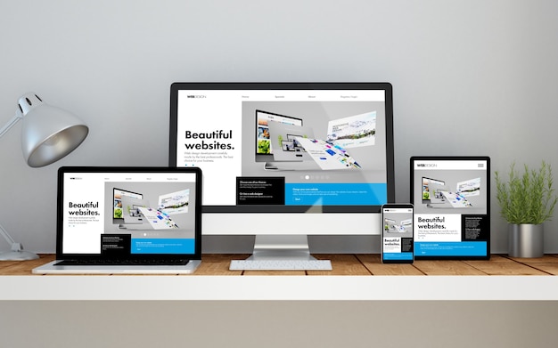 Um computador, laptop, smartphone e tablet em um espaço de trabalho da área de trabalho com o site construtor responsivo online na tela. Ilustração 3D. Todos os gráficos da tela são compostos.