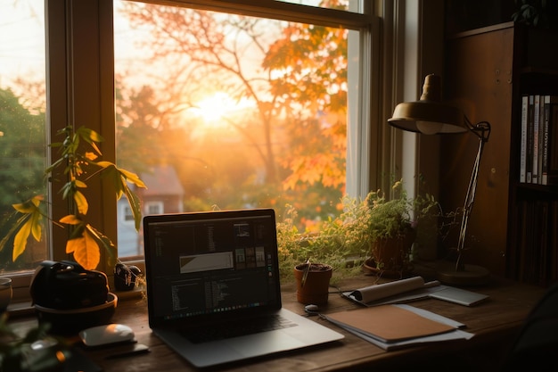 Foto um computador portátil repousa em cima de uma mesa de madeira um espaço de trabalho em casa tranquilo no início da manhã com vista para o nascer do sol