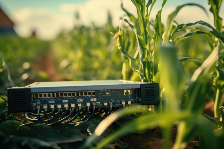 Foto um computador sentado no meio de um campo adequado para conceitos de tecnologia