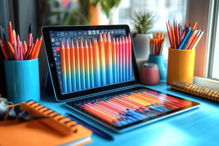 Foto um computador tablet exibindo um aplicativo de desenho com uma variedade de lápis coloridos na mesa em frente a ele