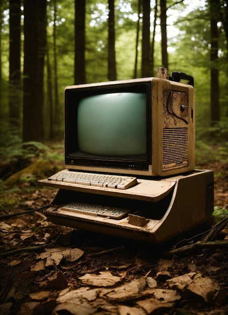 Um computador velho com uma tela quebrada está sentado na floresta.