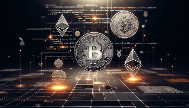 Foto um conceito abstrato de codificação de criptomoedas e blockchain