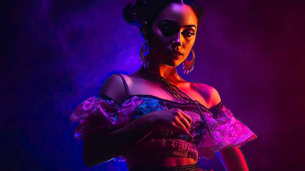Um conceito criativo de uma dançarina de vestido em uma fumaça roxa escura Uma foto gerada por AI