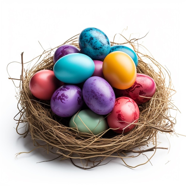 Um conceito de feliz Páscoa com ovos de Páscoa e algumas flores no ninho