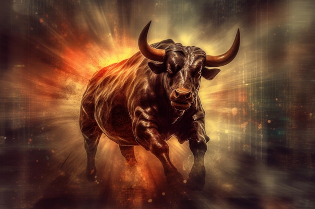 Um conceito de um touro bravo representando tendências de alta nos mercados de ações Generative AI