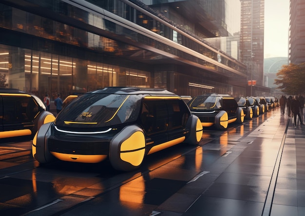 Um conceito futurista de um serviço de táxi totalmente autônomo, com uma fila de táxis sem motorista aguardando pa