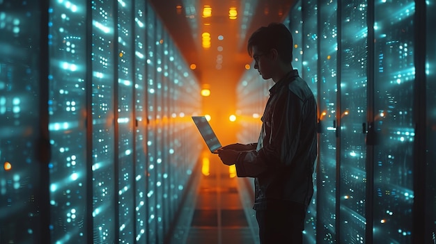 Um conceito futurista mostra um Diretor de Tecnologia de pé em um armazém segurando um laptop enquanto transmite informações através de servidores.