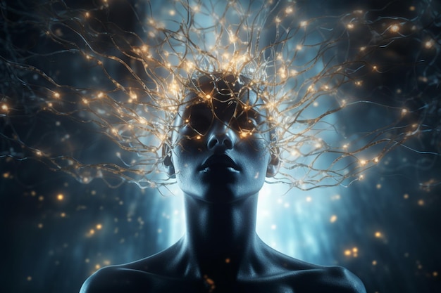 Foto um conceito meditativo mostra neurônios esotéricos na silhueta de uma cabeça humana