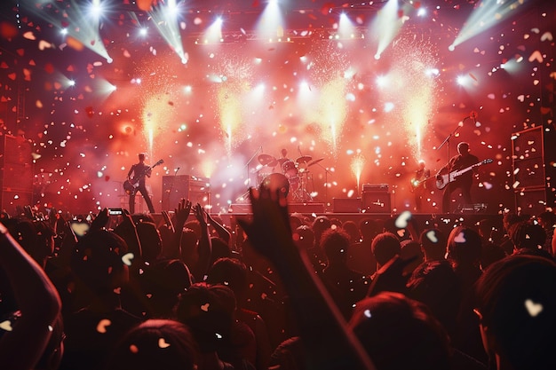 Foto um concerto de rock dinâmico com pirotecnia e multidão