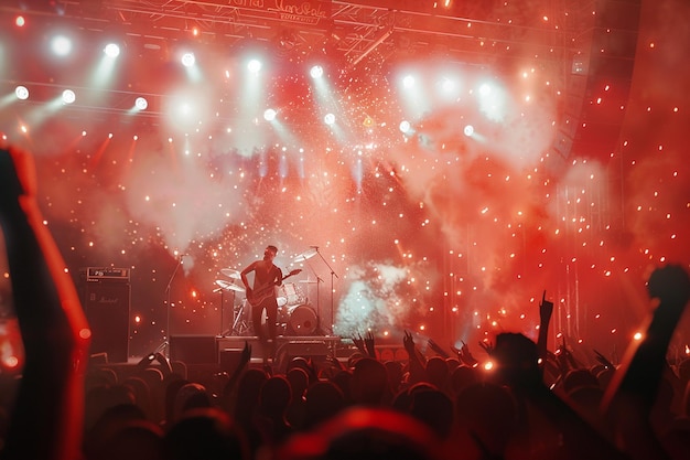 Foto um concerto de rock dinâmico com pirotecnia e multidão