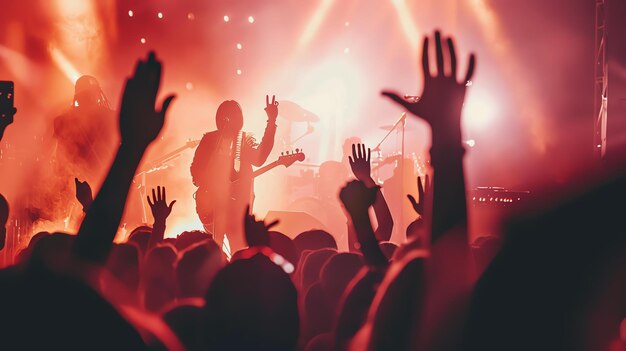 Um concerto de rock enérgico com a multidão levantando as mãos no ar de excitação