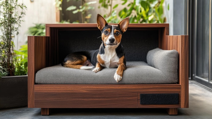 Foto um condomínio moderno para cães com linhas elegantes e uma cama macia de pelúcia projetada para se misturar perfeitamente com a decoração contemporânea da casa