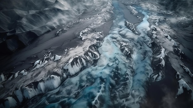 Um conduto frio de cima Foto etérea dos fluxos de fluxos de massas frias islandesas geradas por IA