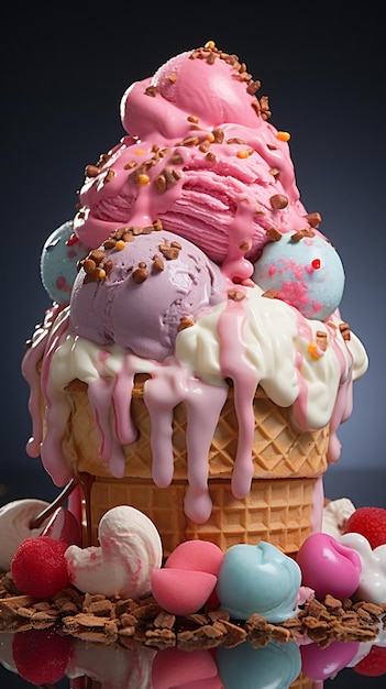 um cone de gelado com um cone de sorvete rosa e azul