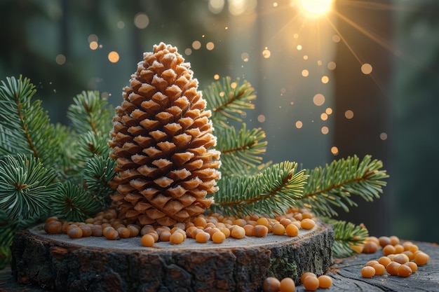 Um cone de pinheiro e nozes estão deitados em um tronco na floresta cone de cedro