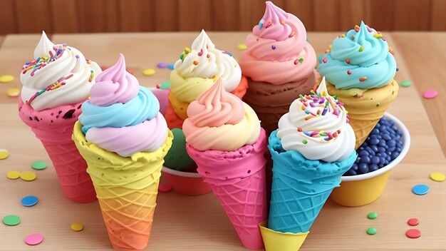 Um cone de sorvete colorido com salpicaduras de cores diferentes senta-se em uma mesa