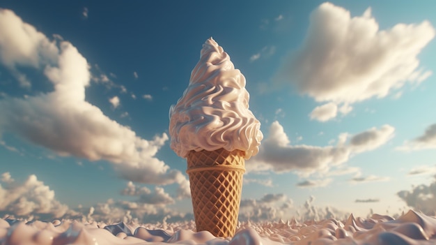 um cone de sorvete de baunilha coberto com cobertura branca em um dia brilhante e bonito