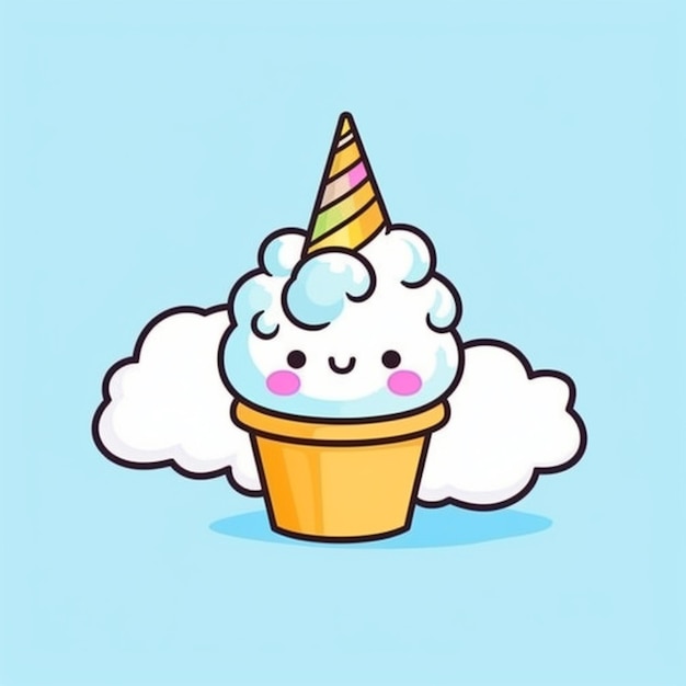 Um cone de sorvete de desenho animado com um chifre de arco-íris no topo
