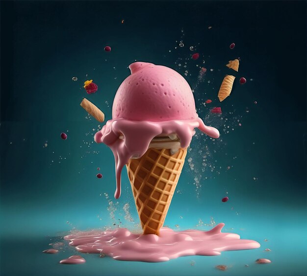 um cone de sorvete rosa com sorvete nele