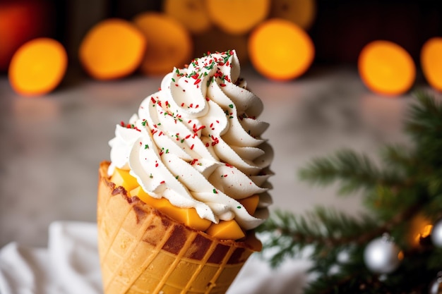 Um cone de waffle com chantilly e confeitos