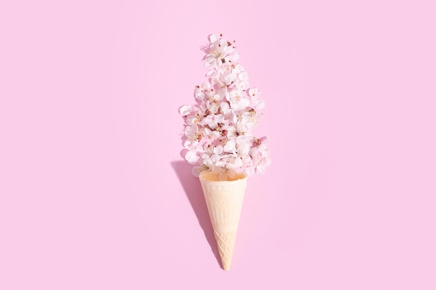 Um cone de waffle com delicadas pétalas de flor de cerejeira em um fundo rosa Foto criativa da primavera