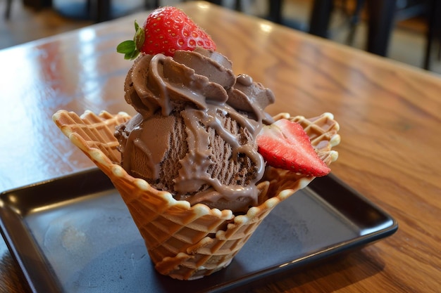 um cone de waffle com sorvete de chocolate e um morango em cima