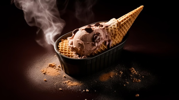 Um cone de waffle com sorvete de chocolate