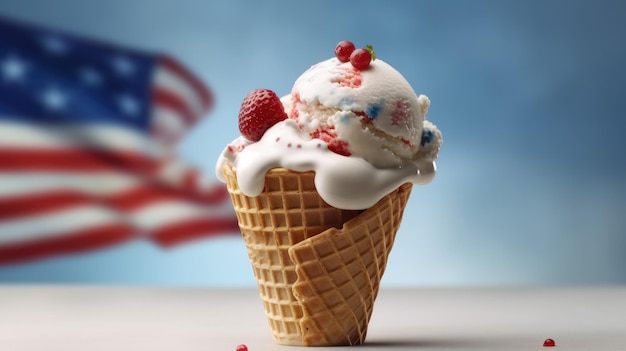 Um cone de waffle com uma bandeira vermelha, branca e azul no topo.