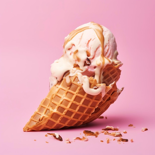 Um cone de waffle virado com sorvete derretido em um fundo rosa gera ai