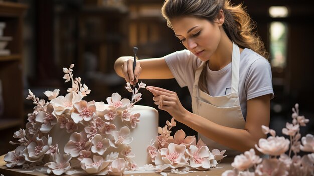 Foto um confeiteiro faz meticulosamente um fundo delicado