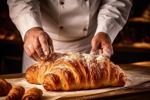 Um confeiteiro fazendo um croissant flocoso