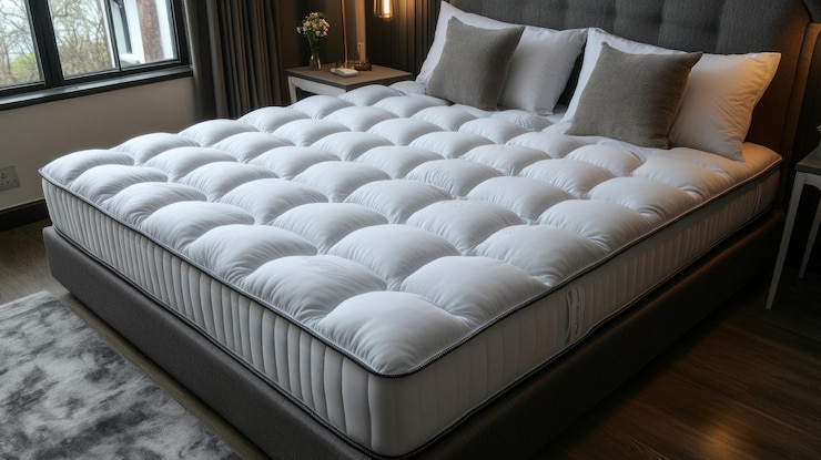 Foto um confortável colchão de pelúcia adornado com travesseiros macios senta-se elegantemente sobre uma estrutura de cama elegante, criando uma atmosfera serena ideal para um sono pacífico