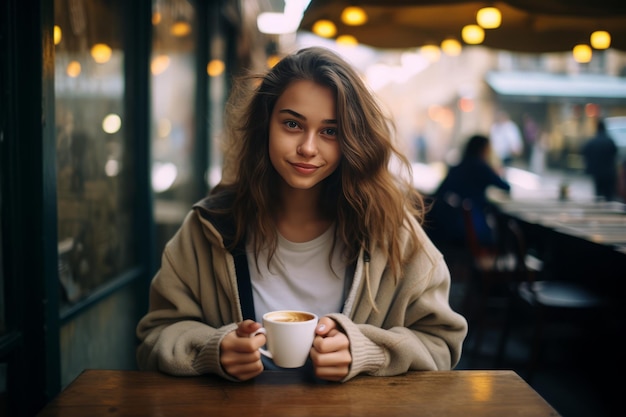 Foto um conhecedor de café um delicioso gole de uma menina num aconchegante café da rua ar 32