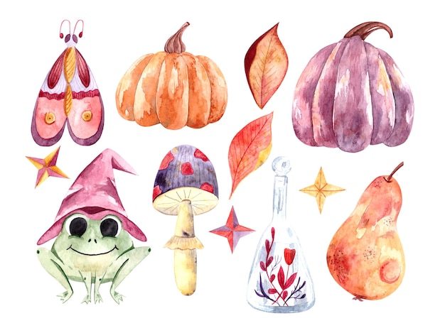 Um conjunto aquarela de elementos de halloween com abóboras brilhantes um sapo em um chapéu de cogumelos